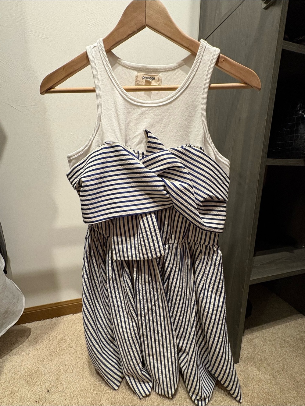 Striped Bow-Front Bubble Mini Dress in White and Navy - Porridge